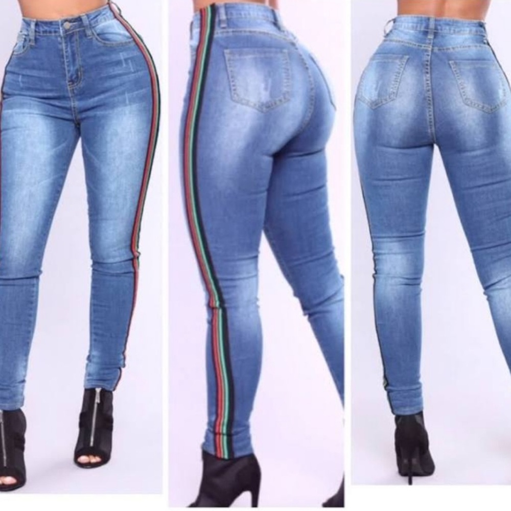 Fashion Nova Taste the Rainbow Red Green Yellow Striped Stretchy Skinny Jeans